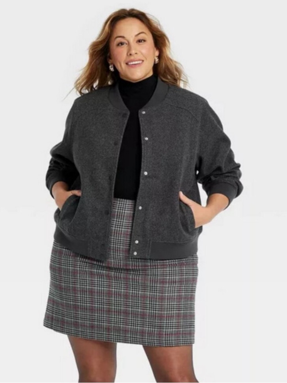 Ava & Viv Women's Bomber Jacket Charcoal Heather 1X